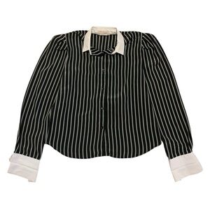 Vintage Miss Tee Made in Canada Pinstripe Blouse with White Collar & Cuffs S/M